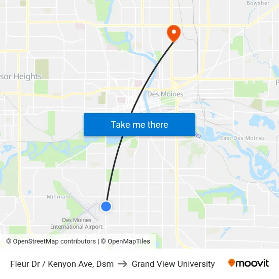 Fleur Dr / Kenyon Ave, Dsm to Grand View University map