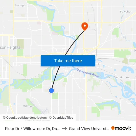 Fleur Dr / Willowmere Dr, Dsm to Grand View University map