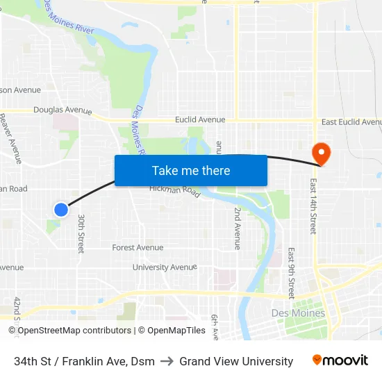34th St / Franklin Ave, Dsm to Grand View University map