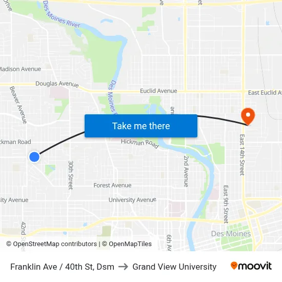 Franklin Ave / 40th St, Dsm to Grand View University map