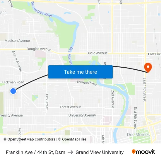Franklin Ave / 44th St, Dsm to Grand View University map