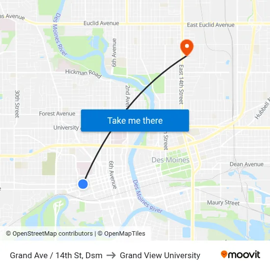 Grand Ave / 14th St, Dsm to Grand View University map