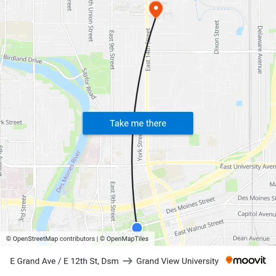 E Grand Ave / E 12th St, Dsm to Grand View University map