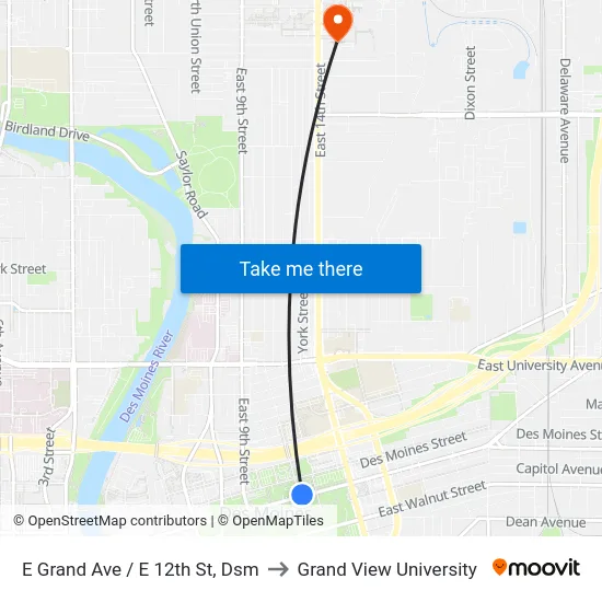 E Grand Ave / E 12th St, Dsm to Grand View University map