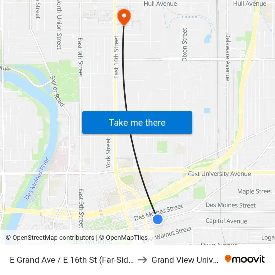 E Grand Ave / E 16th St (Far-Side), Dsm to Grand View University map