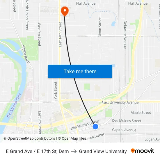 E Grand Ave / E 17th St, Dsm to Grand View University map