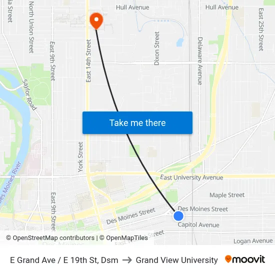 E Grand Ave / E 19th St, Dsm to Grand View University map
