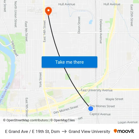 E Grand Ave / E 19th St, Dsm to Grand View University map