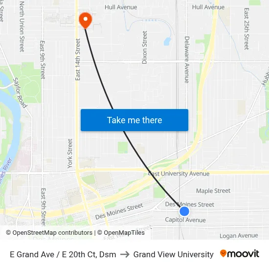 E Grand Ave / E 20th Ct, Dsm to Grand View University map