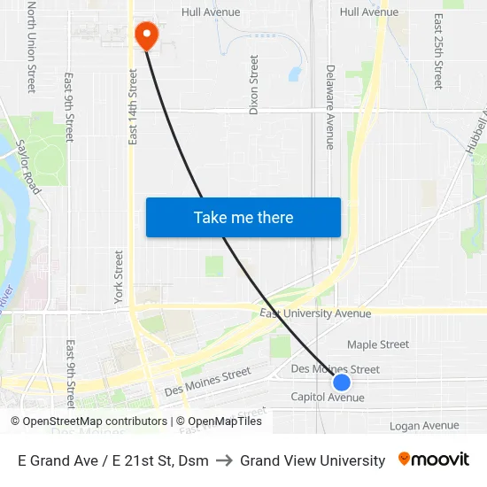 E Grand Ave / E 21st St, Dsm to Grand View University map