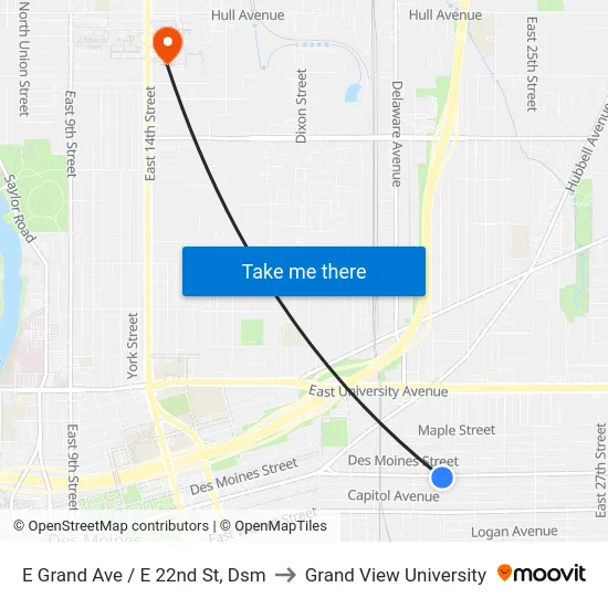 E Grand Ave / E 22nd St, Dsm to Grand View University map