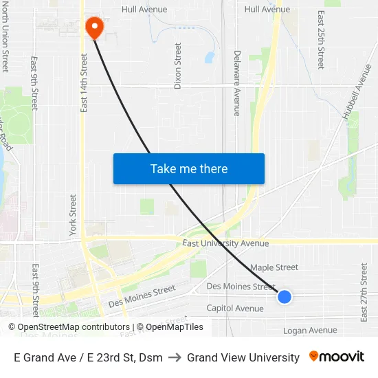 E Grand Ave / E 23rd St, Dsm to Grand View University map
