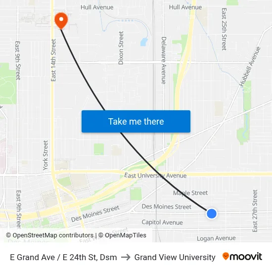 E Grand Ave / E 24th St, Dsm to Grand View University map