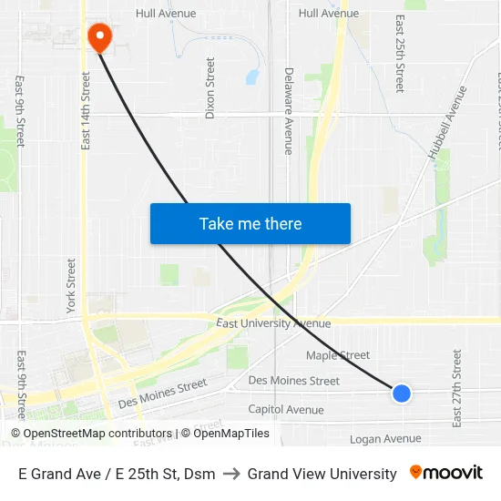 E Grand Ave / E 25th St, Dsm to Grand View University map