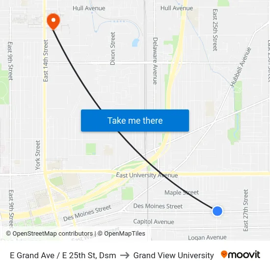 E Grand Ave / E 25th St, Dsm to Grand View University map