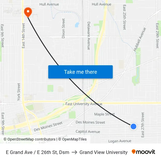 E Grand Ave / E 26th St, Dsm to Grand View University map