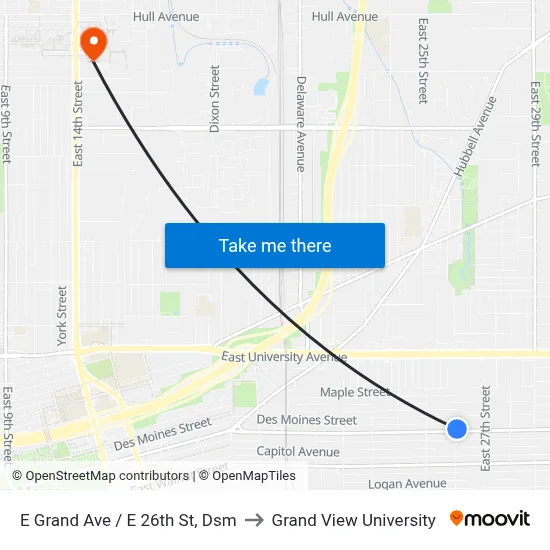 E Grand Ave / E 26th St, Dsm to Grand View University map