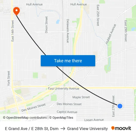 E Grand Ave / E 28th St, Dsm to Grand View University map
