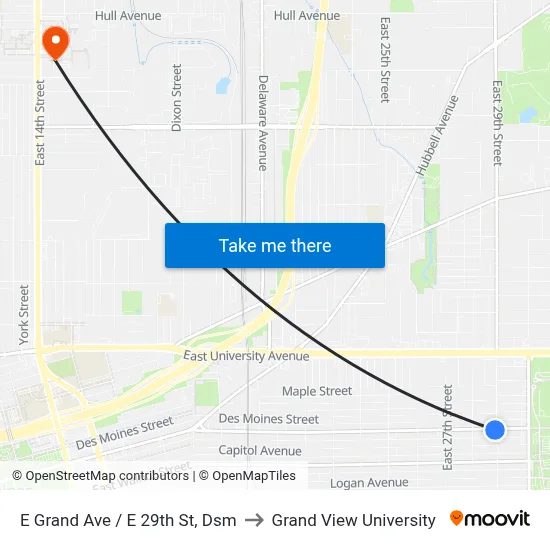 E Grand Ave / E 29th St, Dsm to Grand View University map