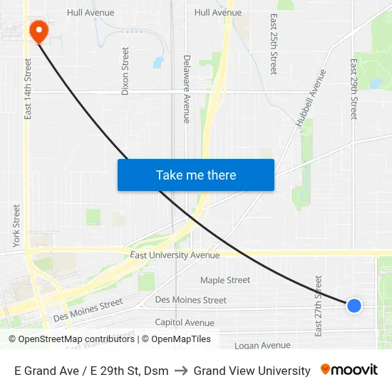 E Grand Ave / E 29th St, Dsm to Grand View University map