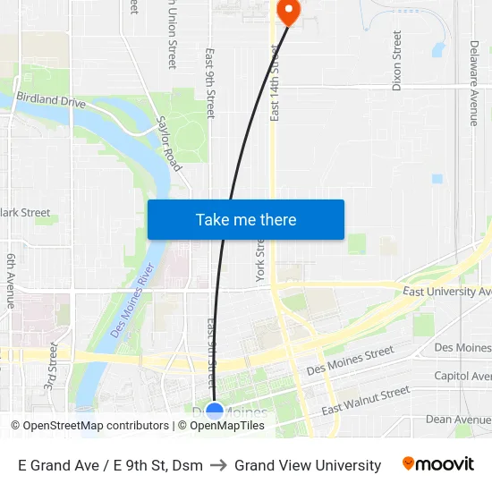 E Grand Ave / E 9th St, Dsm to Grand View University map