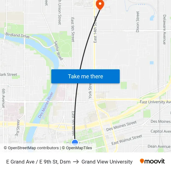 E Grand Ave / E 9th St, Dsm to Grand View University map