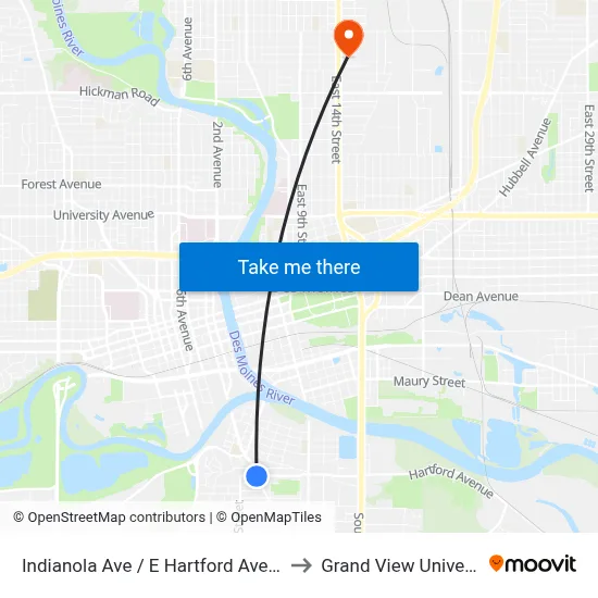Indianola Ave / E Hartford Ave, Dsm to Grand View University map