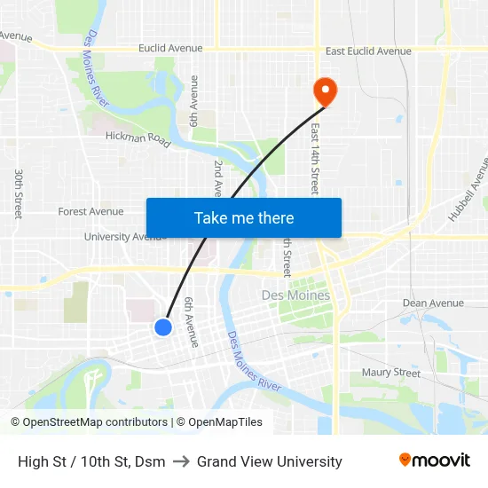 High St / 10th St, Dsm to Grand View University map
