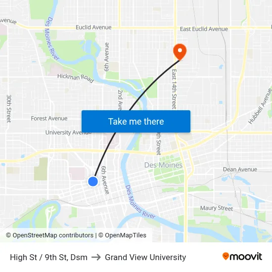 High St / 9th St, Dsm to Grand View University map