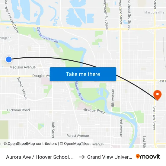 Aurora Ave / Hoover School, Dsm to Grand View University map