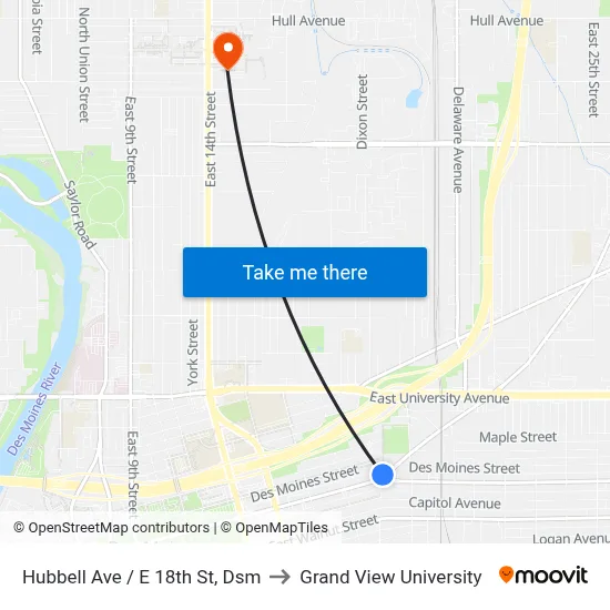 Hubbell Ave / E 18th St, Dsm to Grand View University map