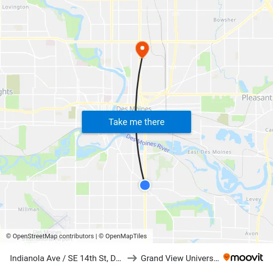 Indianola Ave / SE 14th St, Dsm to Grand View University map