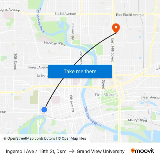 Ingersoll Ave / 18th St, Dsm to Grand View University map