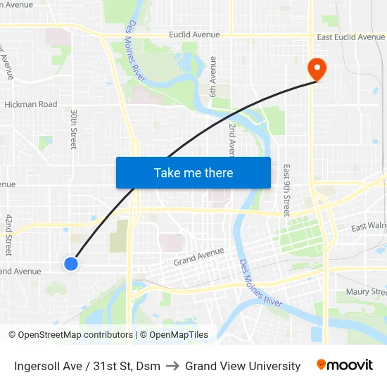 Ingersoll Ave / 31st St, Dsm to Grand View University map