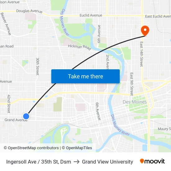 Ingersoll Ave / 35th St, Dsm to Grand View University map