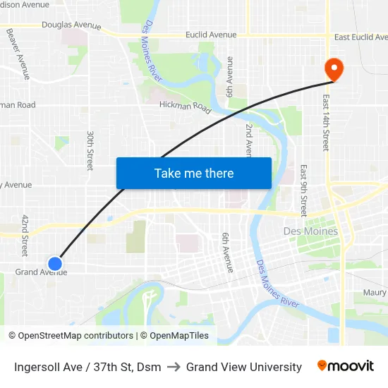 Ingersoll Ave / 37th St, Dsm to Grand View University map