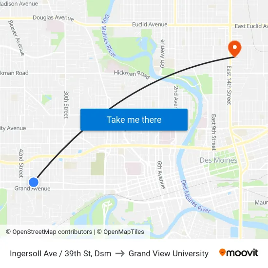 Ingersoll Ave / 39th St, Dsm to Grand View University map