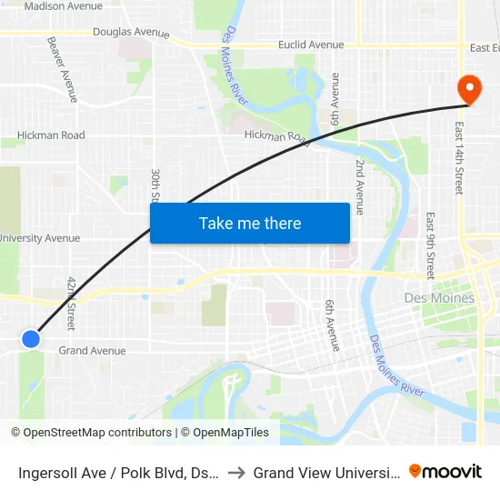 Ingersoll Ave / Polk Blvd, Dsm to Grand View University map
