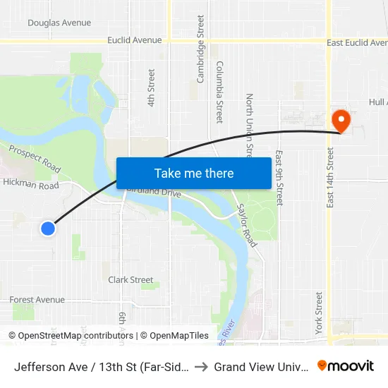 Jefferson Ave / 13th St (Far-Side), Dsm to Grand View University map