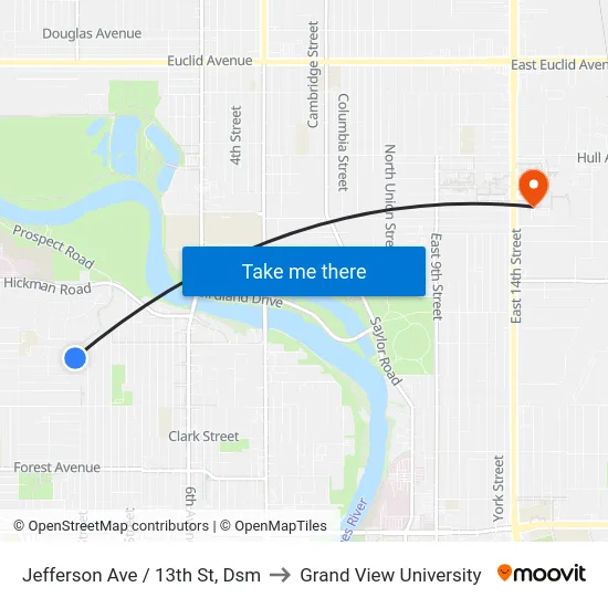 Jefferson Ave / 13th St, Dsm to Grand View University map