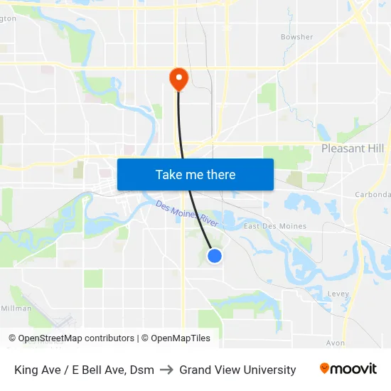 King Ave / E Bell Ave, Dsm to Grand View University map
