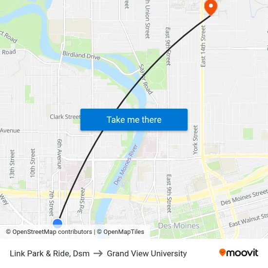 Link Park & Ride, Dsm to Grand View University map
