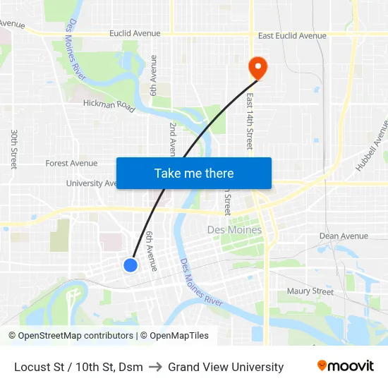 Locust St / 10th St, Dsm to Grand View University map