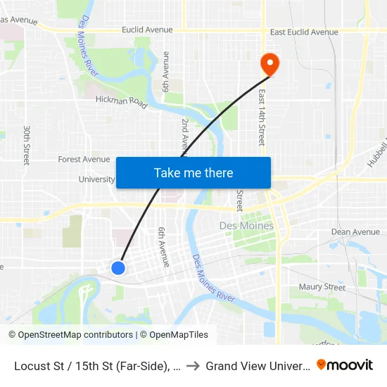 Locust St / 15th St (Far-Side), Dsm to Grand View University map