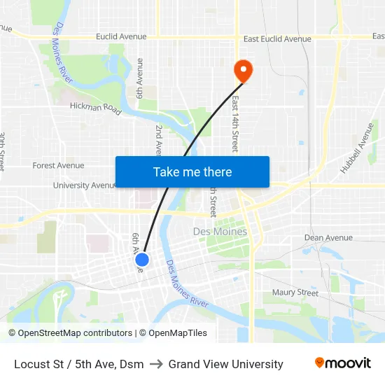 Locust St / 5th Ave, Dsm to Grand View University map