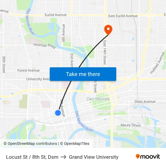 Locust St / 8th St, Dsm to Grand View University map