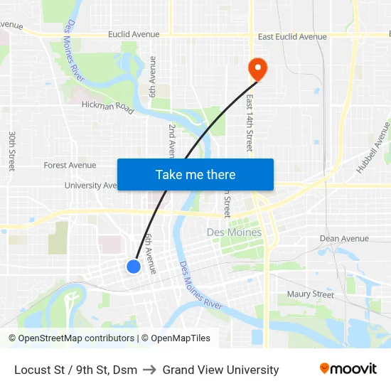 Locust St / 9th St, Dsm to Grand View University map