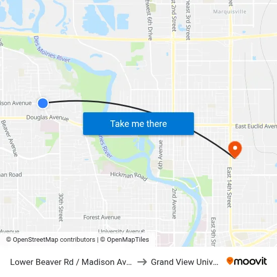 Lower Beaver Rd / Madison Ave, Dsm to Grand View University map