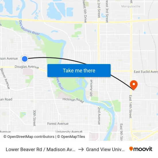 Lower Beaver Rd / Madison Ave, Dsm to Grand View University map