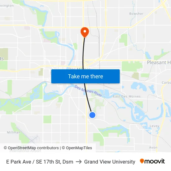 E Park Ave / SE 17th St, Dsm to Grand View University map